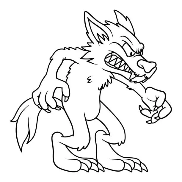 Vector illustration of Line art illustration of angry wolve or werewolf in cartoon style. Image for kids and children coloring book or page. Unpainted outline drawing on white background. Mascot character.