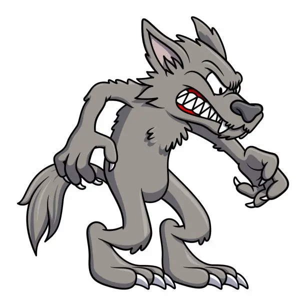Vector illustration of Angry wolve cartoon illustration with a stick club. Isolated image on white background. Fantasy werewolf mascot character.