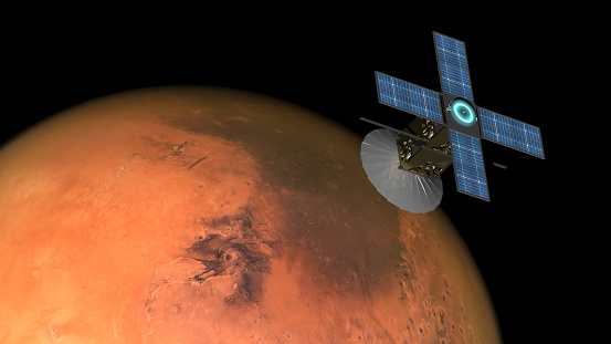 space probe orbiting mars - 3D rendering\n\nTexture map fraom Nasa : https://nasa3d.arc.nasa.gov/detail/mar0kuu2