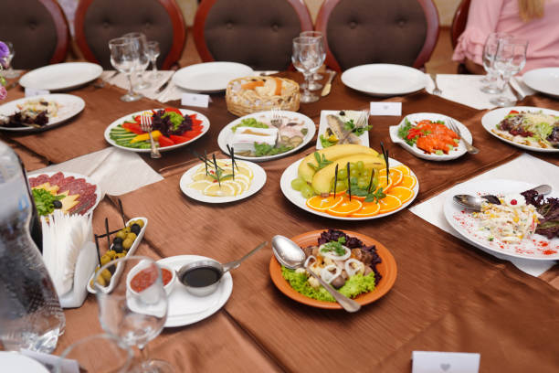 istock wedding banquet with different meals on brown table 1301756046