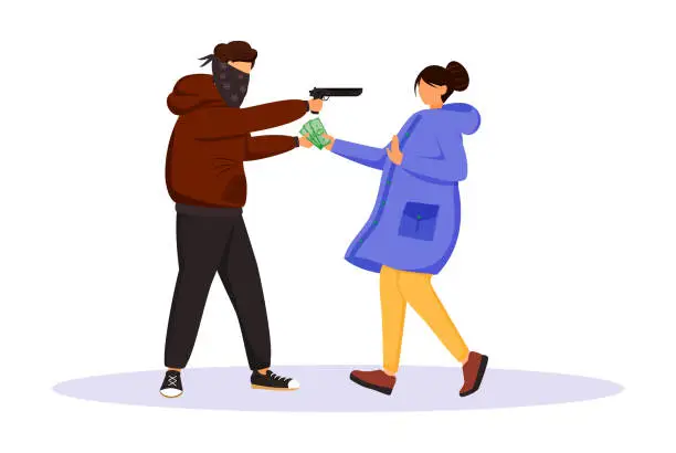 Vector illustration of Armed street robbery flat color vector faceless character. Burglar threatening woman with gun. Thief stealing cash from person. Masked criminal robbing girl. Isolated cartoon illustration