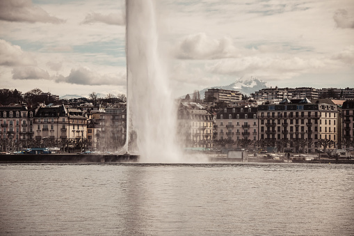 Jet d'Eau Close Up On Lake Geneva In Geneva, Switzerland