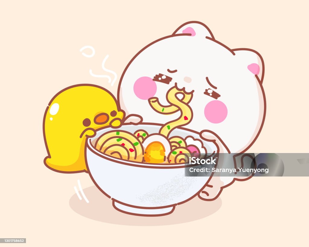 Cat Eating Noodle With Duck Cartoon Illustration Stock Illustration -  Download Image Now - Kawaii, Cute, Noodles - iStock
