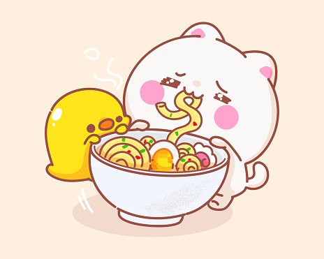 Cat Eating Noodle With Duck Cartoon Illustration Stock Illustration -  Download Image Now - Kawaii, Cute, Noodles - iStock