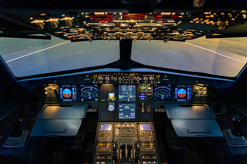 The cockpit of a modern jet airliner.