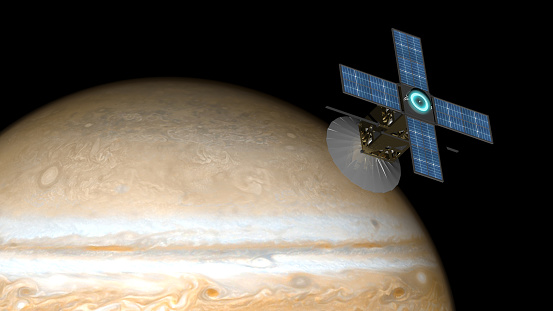 space probe orbiting jupiter - 3D rendering. Maps from Nasa https://solarsystem.nasa.gov/resources/11650/full-jupiter-map/