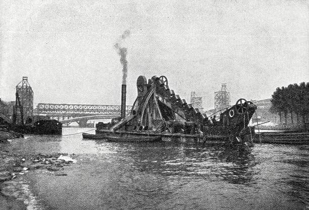 Buildings and works for the Paris World Exhibition: Dredging at the Pont Alexandre III Illustration from 19th century pont alexandre iii stock illustrations