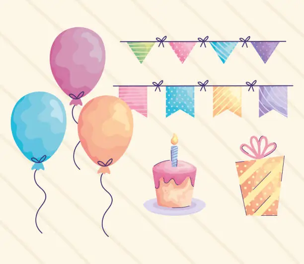 Vector illustration of balloons helium and acuarela birthday set icons