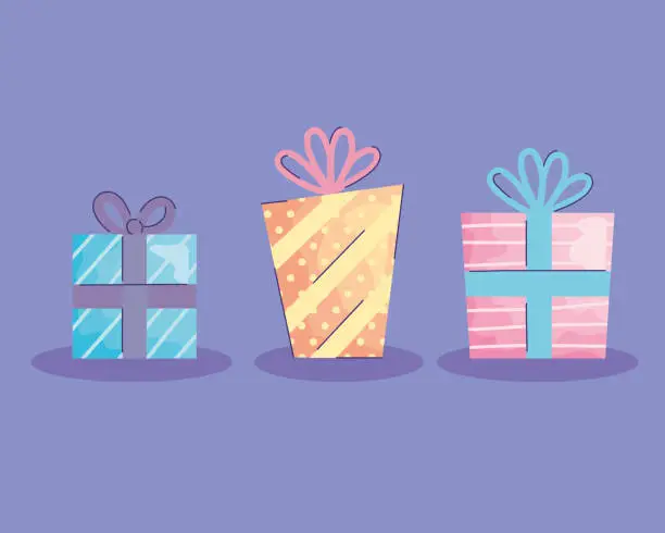 Vector illustration of gifts boxes presents acuarela birthday icons