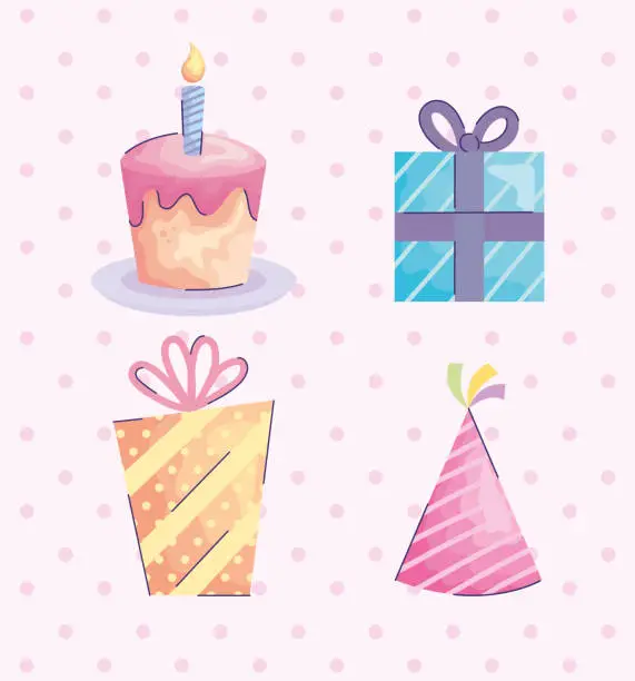 Vector illustration of gifts boxes presents and hat with cupcake acuarela birthday icons