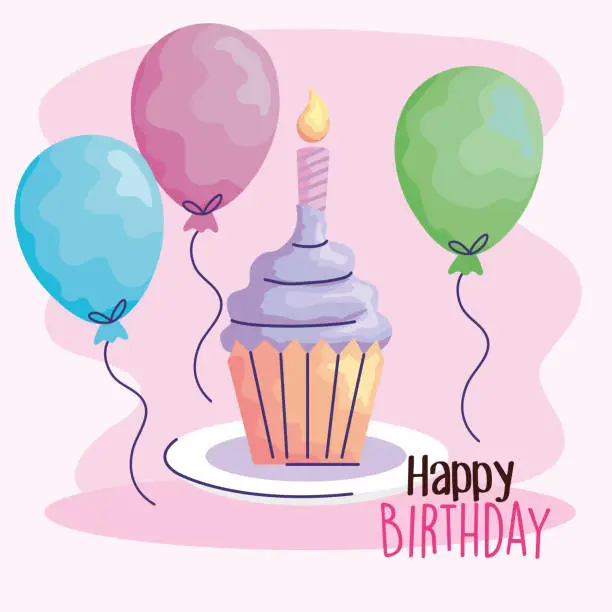 Vector illustration of happy birthday cupcake with balloons helium acuarela style