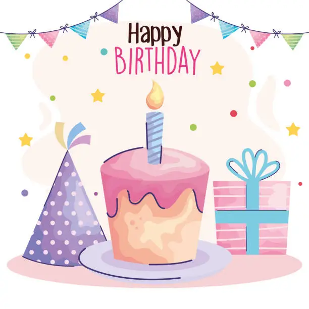 Vector illustration of happy birthday lettering with cake and gift acuarela style