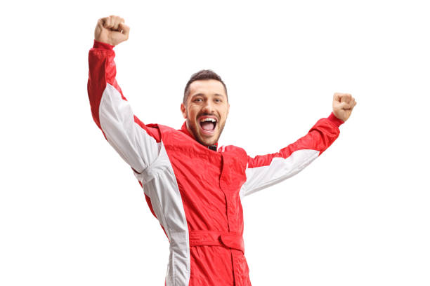 istock Racer in a red uniform gesturing happiness 1301762066
