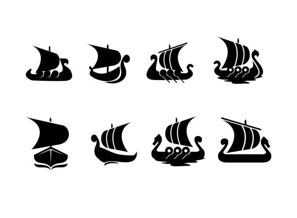 ilustraciones, imágenes clip art, dibujos animados e iconos de stock de colección de conjuntos creativos vikingo navegar icono barco militar logotipo. ilustración de icono vectorial de ilustración simple diseño de fondo aislado - drakkar