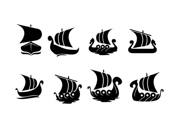 ilustraciones, imágenes clip art, dibujos animados e iconos de stock de colección de conjuntos creativos vikingo navegar icono barco militar logotipo. ilustración de icono vectorial de ilustración simple diseño de fondo aislado - drakkar