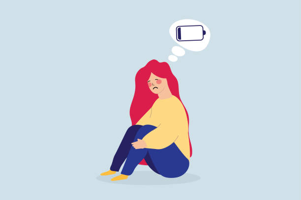 Tired flat female character siting while hugging her knees. Woman with low charged battery. Flat design fatigued woman with mental disorder. Illustration style. Emotional burnout vector concept. knee to the head pose stock illustrations