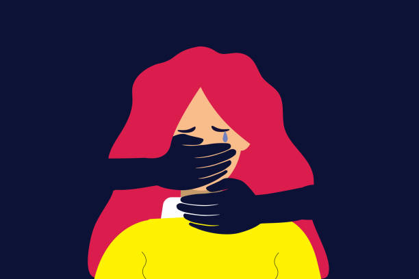 Girl cries and gets harassed by people. Stop bullying women concept. Depressed or stressed young female character surrounded by hands. Suffocated woman that needs help. Flat design vector illustration. kidnapping stock illustrations