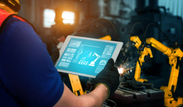 istock Smart industry robot arms for digital factory production technology 1301769121