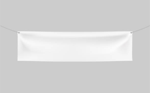 istock Horizontal Textile Banner with 2 holes and ropes. 3d Vector realistic White banner with folds. Blank Template for Design and Advertising. Awning, Poster, Textiles, PVC, Vinyl, Nylon ect. EPS 10. 1301770232
