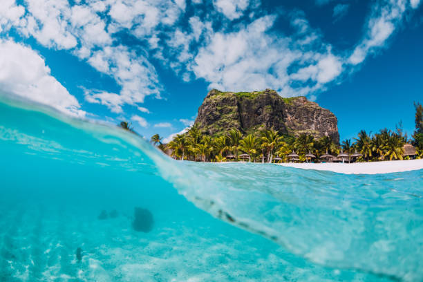 istock Tropical transparent ocean with Le Morne mountain and luxury beach in Mauritius. Split view. 1301772407
