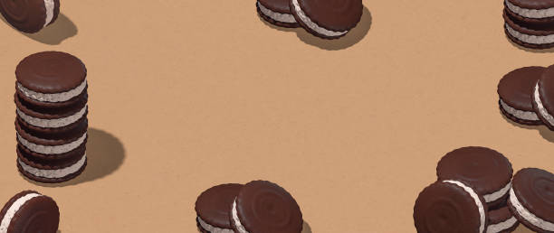 istock Minimal food design. 3d render chocolate cookies in isometry beige space. Banner. Restaurant, bakery candy shop, food delivery concept art. Cacao lover 1301772543