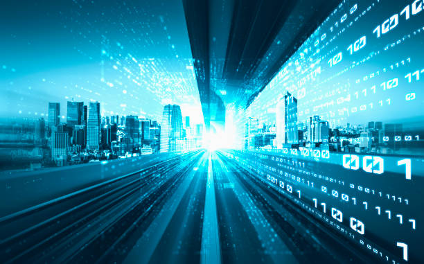 istock Digital data flow on road with motion blur to create vision of fast speed transfer 1301773917