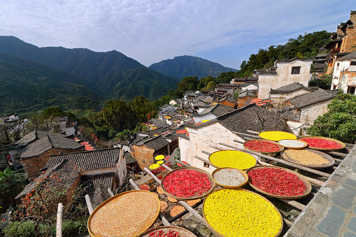 Vief of an old mountain village in traditional Huizhou-style architecture located in Wuyuan County, Jiangxi Province, China. Every autumn, all families dry chili pepper and other crops outside of their houses, offering an authentic Chinese countryside travel experience.