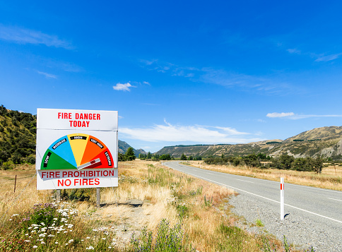 A warning sign indicating an extremely high fire risk on a rural road in New Zealand, during hot and dry summer conditions.