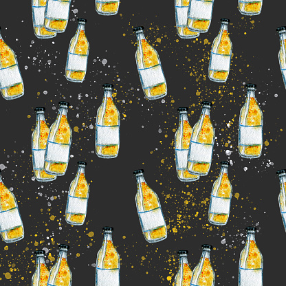 Bottles of fizzy drink with bubbles on grey seamless pattern for paper, cover, fabric, banner etc.