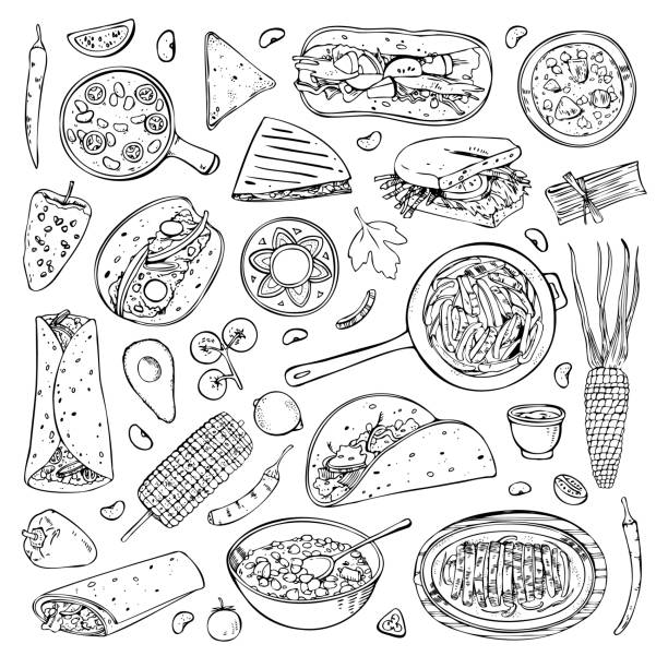 ilustrações de stock, clip art, desenhos animados e ícones de set of national mexican dishes. tamale, tortilla, burrito, taco, fajitas, elote, pozole, con carne. hand drawn outline vector sketch illustration. black on white background - chili pepper illustrations