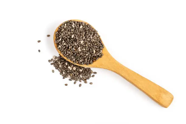 Photo of chia seeds in wooden spoon Isolated on white background