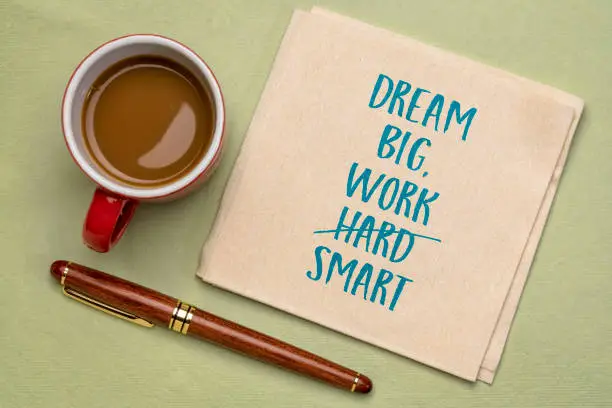 Dream big, work smart (not hard) - inspirational handwriting on  a napkin with a cup of coffee. Business, education, career and personal development concept.