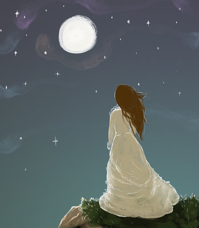 illustration of a girl in a long light dress against the background of the starry night sky and the full moon. Ghost, princess, fairy tales, dream