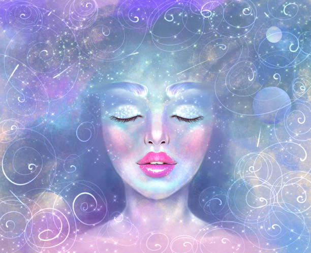 illustration of a portrait of a girl with closed eyes against the background of the starry sky, the universe. Symbol of enlightenment, psychological mental health, sleep, religiosity and spirituality illustration of a portrait of a girl with closed eyes against the background of the starry sky, the universe. Symbol of enlightenment, psychological mental health, sleep, religiosity and spirituality religiosity stock illustrations