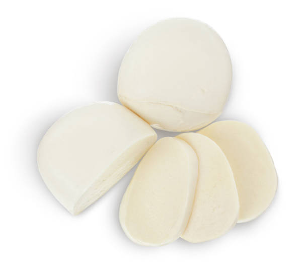 istock Mozzarella cheese sliced with basil leaf isolated on white background with clipping path. Top view. Flat lay 1301781222