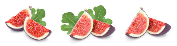 istock Fresh fig fruit slices with leaves isolated on white background. Set or collection 1301781257