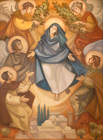 Barcelona - The modern painting of Assumption in the church Santuario Nuestra Senora del Sagrado Corazon by Navarro Perez Dolz.