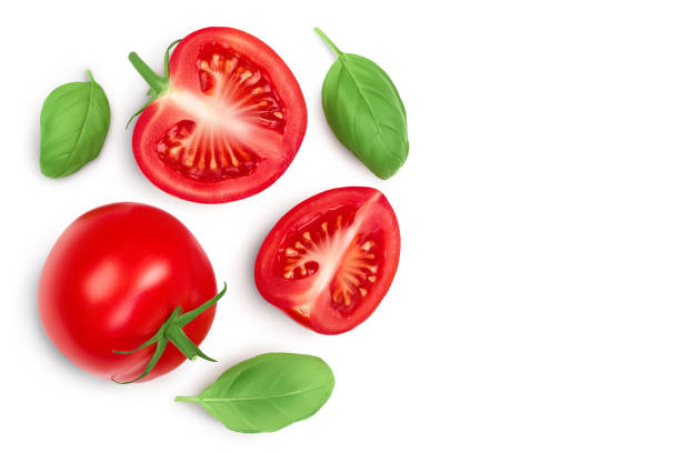 istock Tomato slices with basil isolated on white background. Clipping path. Top view with copy space for your text. Flat lay 1301781763