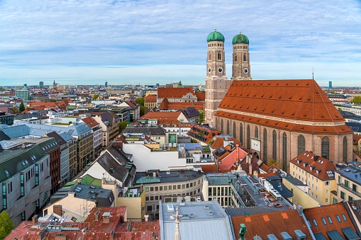 Aerial view of Cathedral of Our Dear Lady or Frauenkirche from new city hall, Munich, Bavaria, Germany