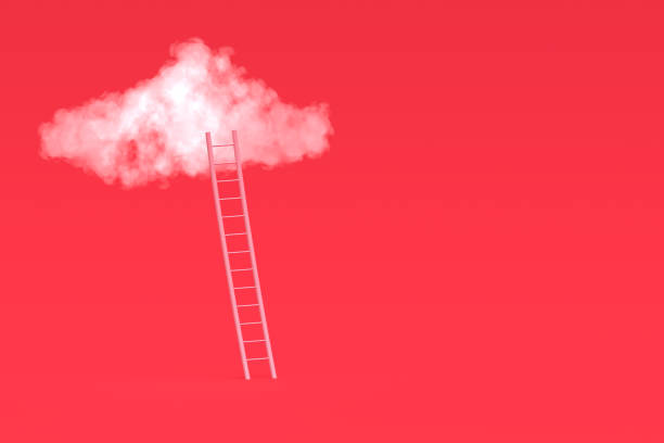 istock 3d white fluffy cloud above pink ladder isolated on red background. Development business concept. 3d illustration.jpg 1301784369
