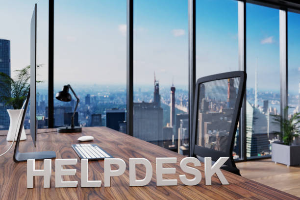 istock helpdesk; office chair in front of modern workspace with computer and skyline view; banking concept; 3D Illustration 1301785750