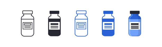 illustrazioni stock, clip art, cartoni animati e icone di tendenza di bottiglia di medicina, icona del set di fiale da vaccino. illustrazione vettoriale piatta del farmaco - vial