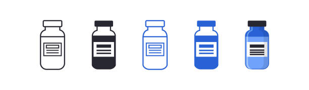 의학 병, 백신 유리병 세트 아이콘. 약물 플랫 벡터 일러스트레이션 - syringe injecting vaccination healthcare and medicine stock illustrations