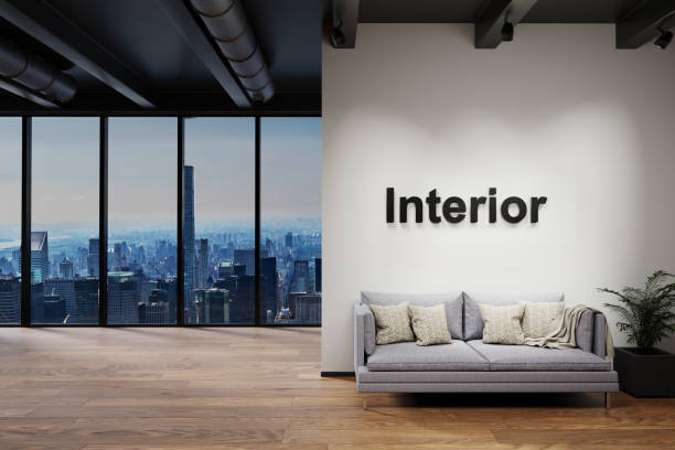 istock modern luxury loft with skyline view, wall with interior lettering, 3D Illustration 1301786055