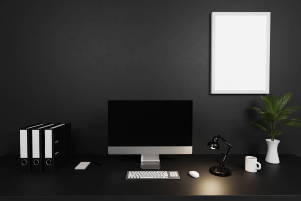 istock modern clean office workspace with computer screen and dark concrete wall and large white empty canvas; copy space; 3D Illustration 1301786091