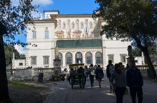 Rome, Italy, February 14, 2015 - The Galleria Borghese is an art gallery, housed in the former Villa Borghese Pinciana. At the outset, the gallery building was integrated with its gardens, but nowadays the Villa Borghese gardens are considered a separate tourist attraction.