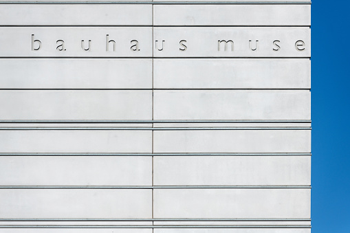 Weimar, Germany - July 25, 2019: Detail of the facade of the new Bauhaus Museum in Weimar designed by the architect Heike Hanada.