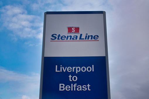 A sign outside the Stena Line ferry terminal at 12 Quays in Birkenhead, from where roll on roll off (roro) freight ferry services run to Belfast in Northern Ireland.