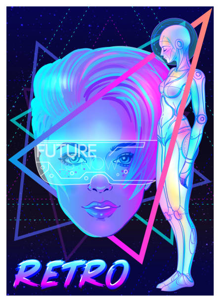 istock Portrait of robot android woman in retro futurism style. Vector illustration 1301793559