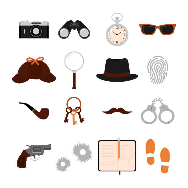 ilustraciones, imágenes clip art, dibujos animados e iconos de stock de conjunto de iconos planos de detectives. - detective inspector forensic science searching